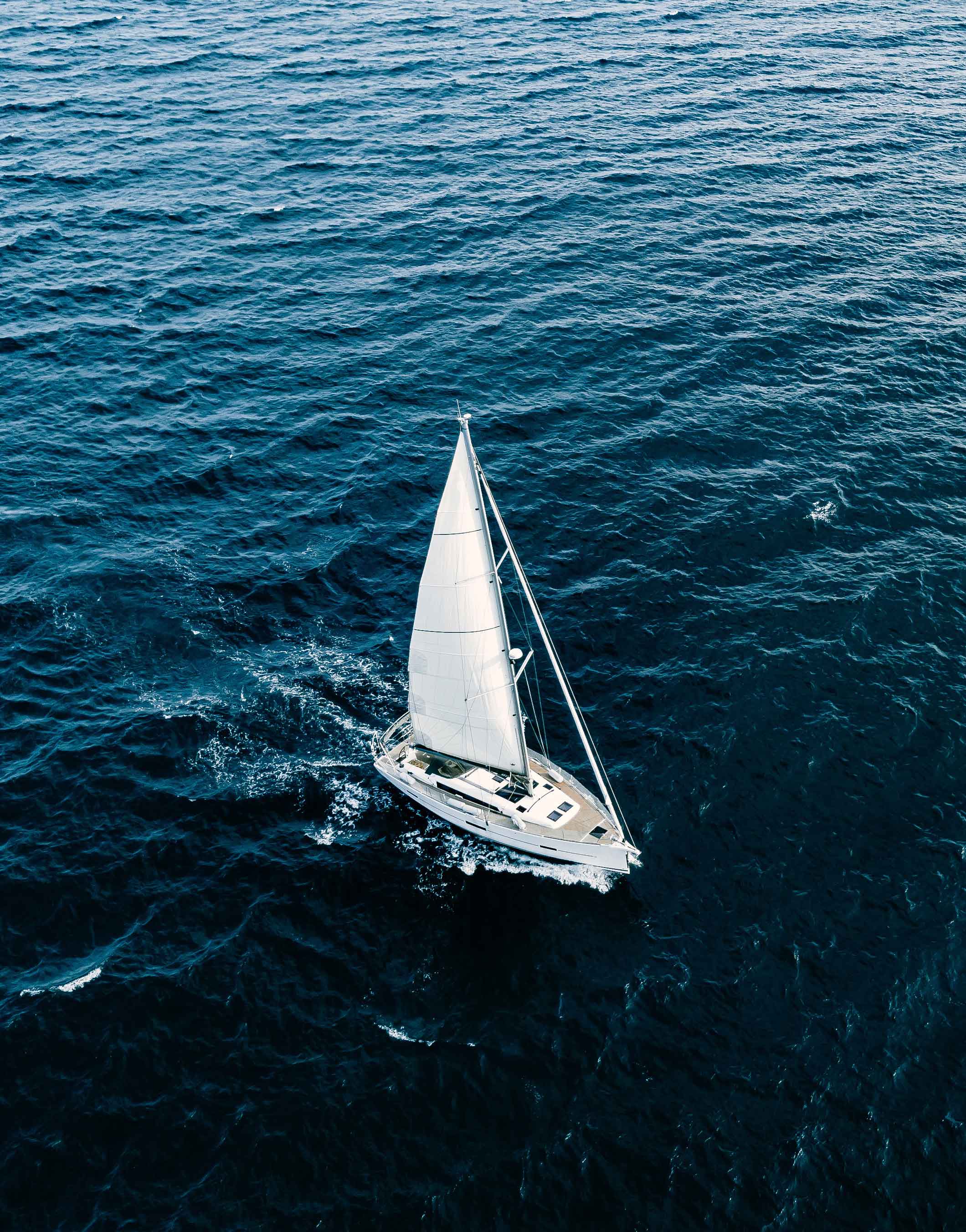 aerial view sailing ship yachts with white sails windy condition deep blue sea