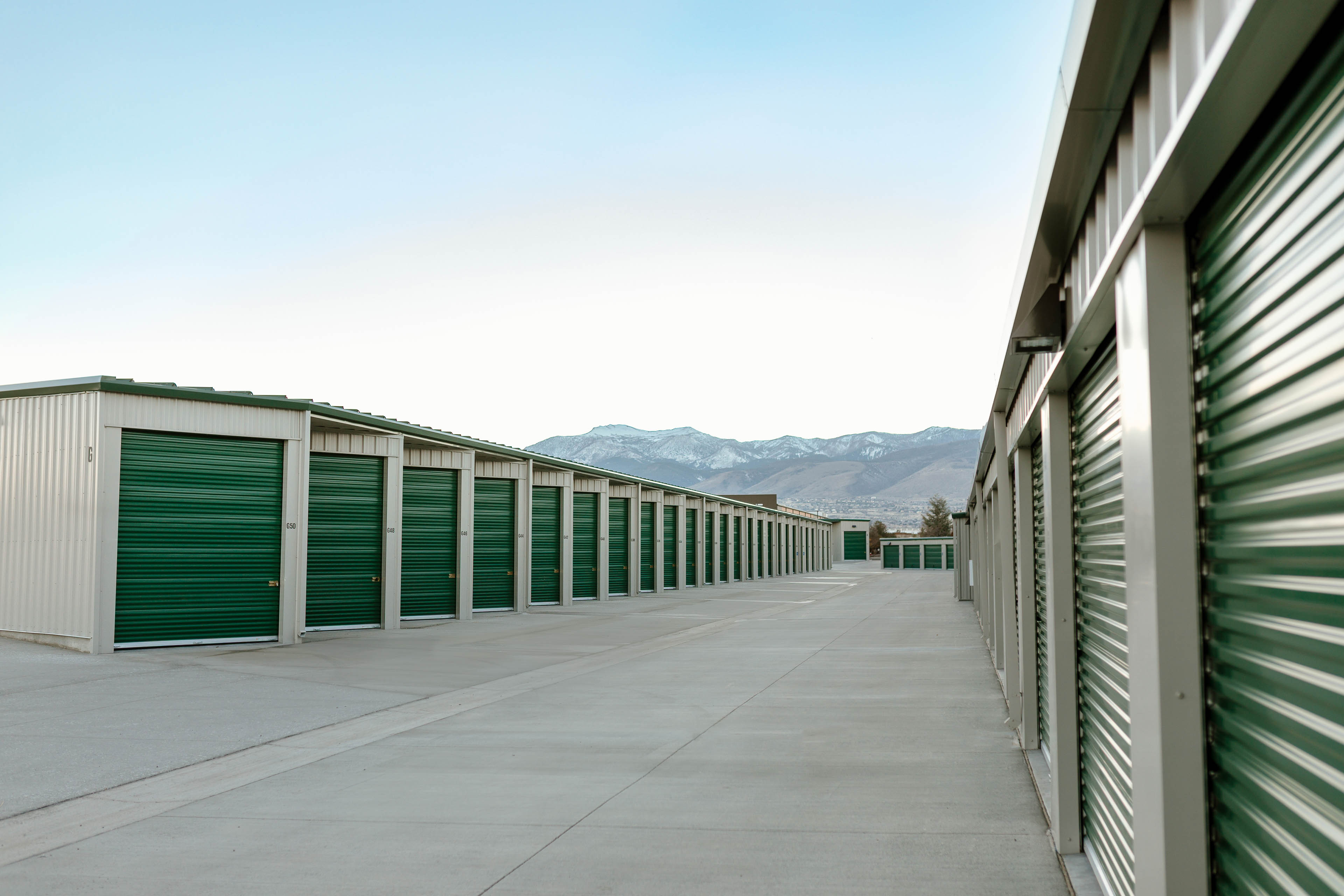 Long row of storage units with Mt Rose mountain backdrop