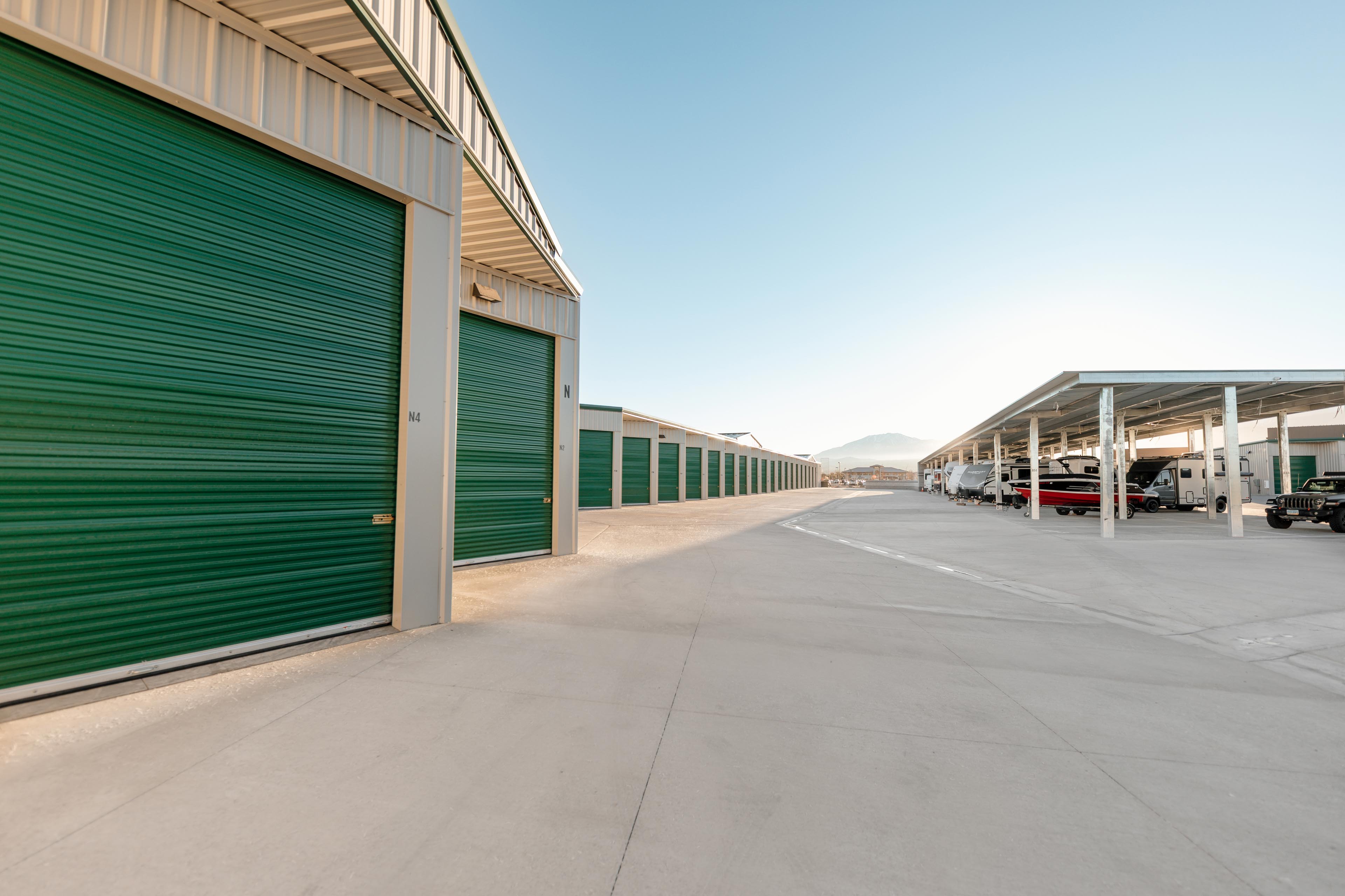 Storage units and covered RV boat parking at South Meadows Reno